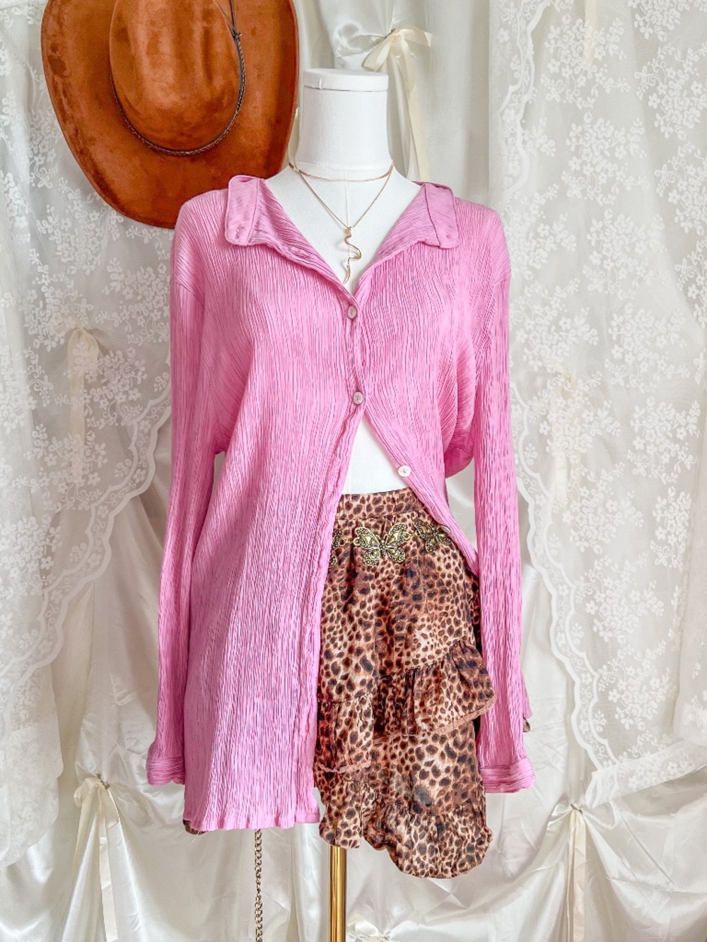 White Fox Pink Crinkle Button Down Y2K Style Coquette Oversized Blouse